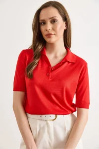 Olalook Women's Red Polo Collar Viscose Flowy Mercerized Blouse