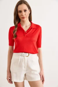 Olalook Women's Red Polo Collar Viscose Flowy Mercerized Blouse - Image 2