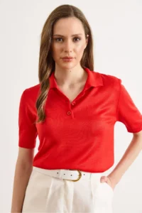Olalook Women's Red Polo Collar Viscose Flowy Mercerized Blouse - Image 3