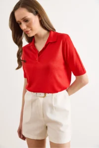 Olalook Women's Red Polo Collar Viscose Flowy Mercerized Blouse - Image 4