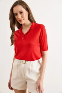 Olalook Women's Red Polo Collar Viscose Flowy Mercerized Blouse - Image 5