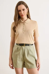 Olalook Women's Beige Polo Neck Transparent Knitwear Blouse - Image 2