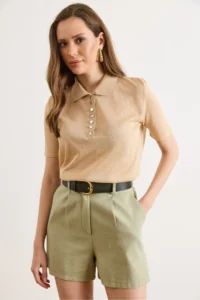 Olalook Women's Beige Polo Neck Transparent Knitwear Blouse - Image 3