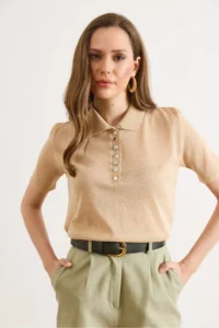 Olalook Women's Beige Polo Neck Transparent Knitwear Blouse - Image 4