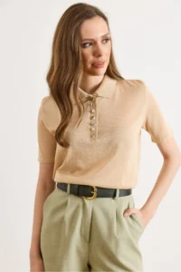 Olalook Women's Beige Polo Neck Transparent Knitwear Blouse - Image 5