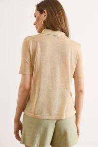 Olalook Women's Beige Polo Neck Transparent Knitwear Blouse - Image 6
