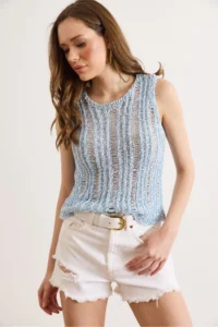 Olalook Women's Baby Blue Gray Openwork Summer Knitwear Blouse