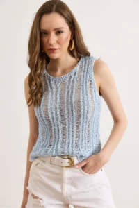 Olalook Women's Baby Blue Gray Openwork Summer Knitwear Blouse - Image 2