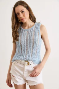 Olalook Women's Baby Blue Gray Openwork Summer Knitwear Blouse - Image 3