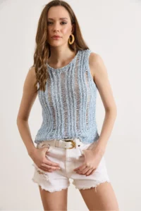 Olalook Women's Baby Blue Gray Openwork Summer Knitwear Blouse - Image 4