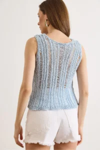 Olalook Women's Baby Blue Gray Openwork Summer Knitwear Blouse - Image 6