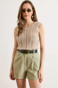 Olalook Women's Stone Patchwork Openwork Summer Knitwear Blouse - Image 2