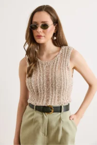 Olalook Women's Stone Patchwork Openwork Summer Knitwear Blouse - Image 3