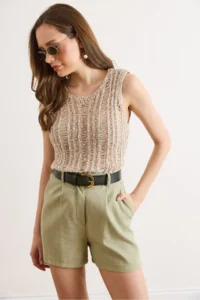 Olalook Women's Stone Patchwork Openwork Summer Knitwear Blouse - Image 4