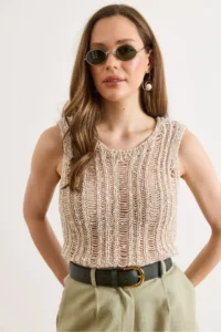 Olalook Women's Stone Patchwork Openwork Summer Knitwear Blouse - Image 5