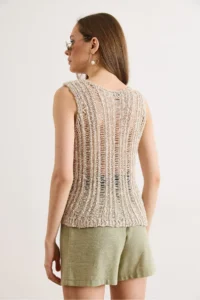 Olalook Women's Stone Patchwork Openwork Summer Knitwear Blouse - Image 6