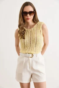 Olalook Women's Yellow Gray Openwork Summer Knitwear Blouse - Image 2