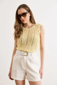 Olalook Women's Yellow Gray Openwork Summer Knitwear Blouse - Image 3