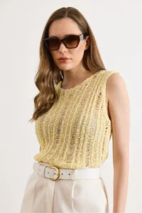 Olalook Women's Yellow Gray Openwork Summer Knitwear Blouse - Image 4