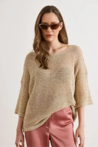 Olalook Women's Stone Thread Tiny Sequin Openwork Loose Fit Knitwear Blouse - Image 2