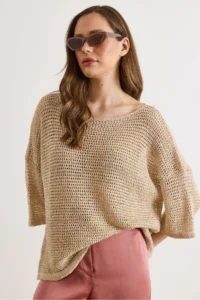 Olalook Women's Stone Thread Tiny Sequin Openwork Loose Fit Knitwear Blouse - Image 3