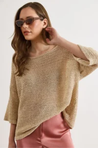 Olalook Women's Stone Thread Tiny Sequin Openwork Loose Fit Knitwear Blouse - Image 4