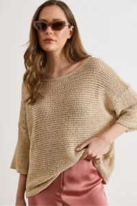 Olalook Women's Stone Thread Tiny Sequin Openwork Loose Fit Knitwear Blouse - Image 5