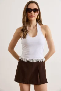 Olalook Women's White Halter Necklace Lace Detailed Crop Blouse - Image 3