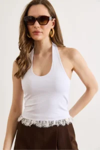Olalook Women's White Halter Necklace Lace Detailed Crop Blouse - Image 5