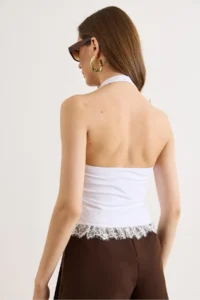Olalook Women's White Halter Necklace Lace Detailed Crop Blouse - Image 6