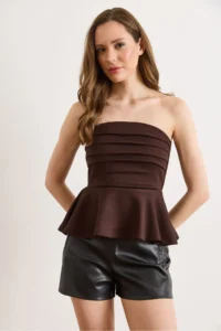 Olalook Women's Brown Drape Detailed Strapless Blouse - Image 2