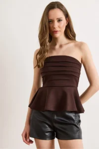 Olalook Women's Brown Drape Detailed Strapless Blouse - Image 3