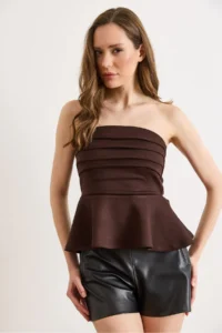 Olalook Women's Brown Drape Detailed Strapless Blouse - Image 4
