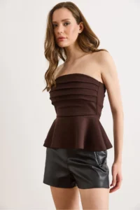 Olalook Women's Brown Drape Detailed Strapless Blouse - Image 5