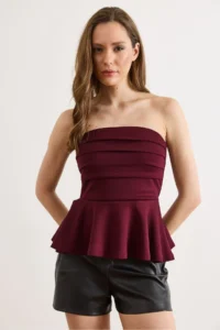 Olalook Women's Claret Red Drape Detailed Strapless Blouse - Image 2