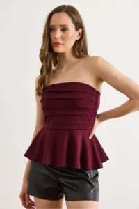 Olalook Women's Claret Red Drape Detailed Strapless Blouse - Image 3