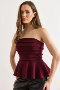 Olalook Women's Claret Red Drape Detailed Strapless Blouse - Image 4