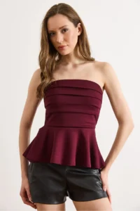 Olalook Women's Claret Red Drape Detailed Strapless Blouse - Image 5