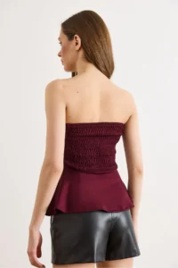 Olalook Women's Claret Red Drape Detailed Strapless Blouse - Image 6
