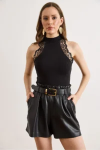 Olalook Women's Black Halter Collar Lace Detailed Soft Flexible Blouse - Image 2