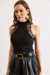 Olalook Women's Black Halter Collar Lace Detailed Soft Flexible Blouse - Image 3