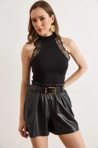 Olalook Women's Black Halter Collar Lace Detailed Soft Flexible Blouse - Image 4