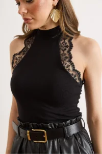 Olalook Women's Black Halter Collar Lace Detailed Soft Flexible Blouse - Image 5