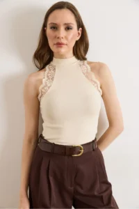 Olalook Women's Ecru Halter Collar Lace Detailed Soft Flexible Blouse - Image 2