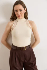 Olalook Women's Ecru Halter Collar Lace Detailed Soft Flexible Blouse - Image 3