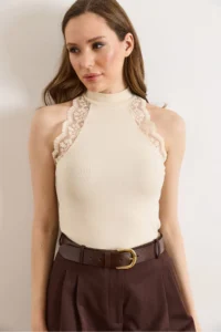 Olalook Women's Ecru Halter Collar Lace Detailed Soft Flexible Blouse - Image 4