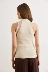 Olalook Women's Ecru Halter Collar Lace Detailed Soft Flexible Blouse - Image 6