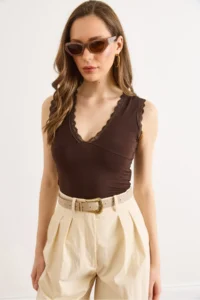 Olalook Women's Bitter Brown Lace Detailed V-Neck Flexible Blouse - Image 2