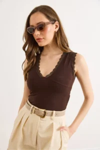 Olalook Women's Bitter Brown Lace Detailed V-Neck Flexible Blouse - Image 3