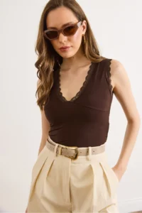 Olalook Women's Bitter Brown Lace Detailed V-Neck Flexible Blouse - Image 4